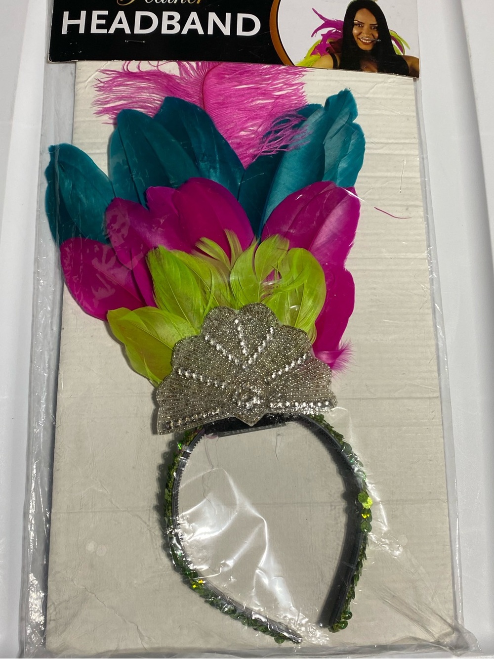 Zucker Feather Crown Headpiece Pink Teal Lime Multicolored Festival Headdress